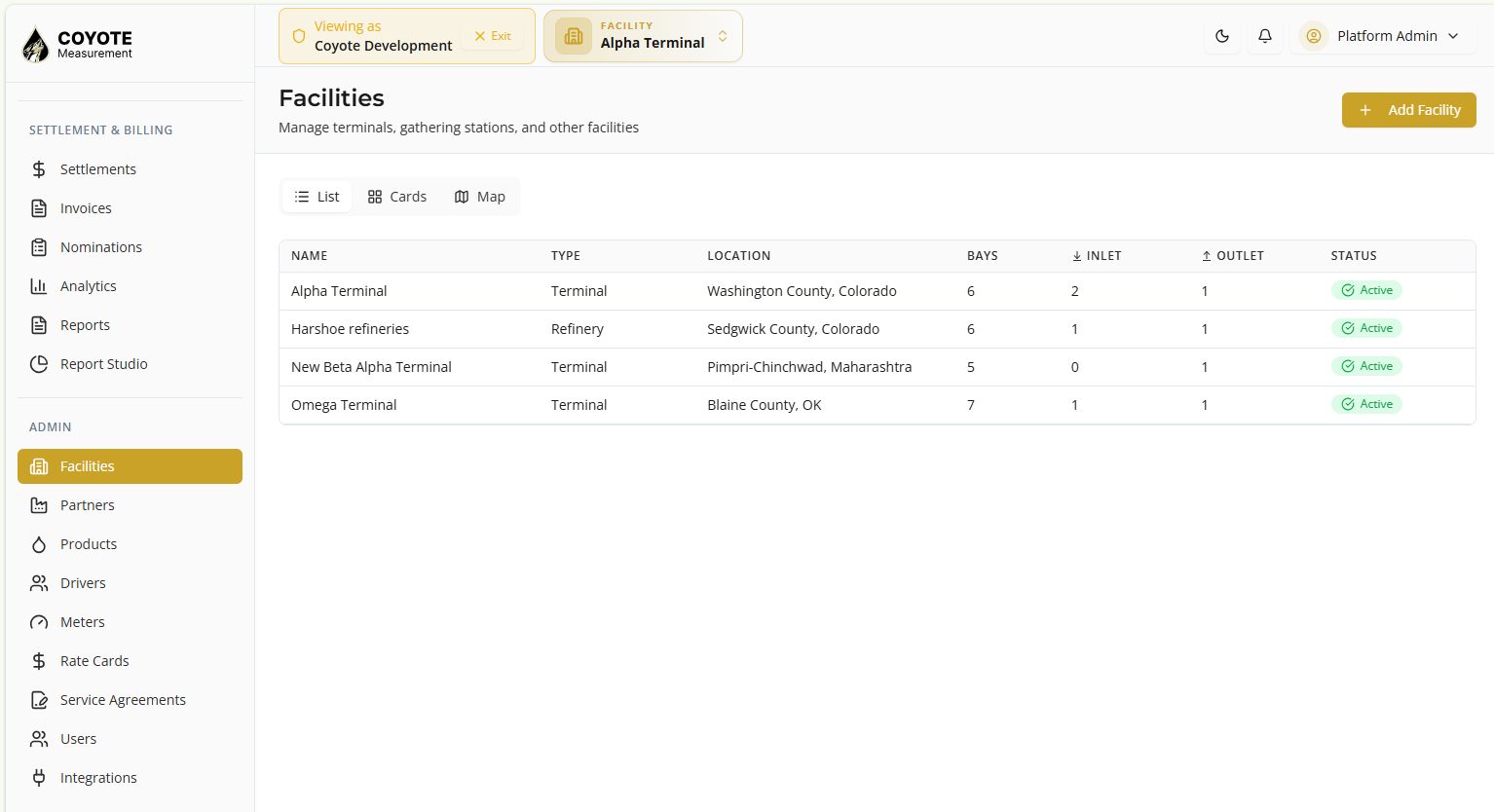 facilities list