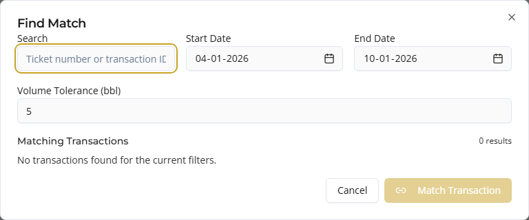 Find Match dialog — search, date range, and volume tolerance