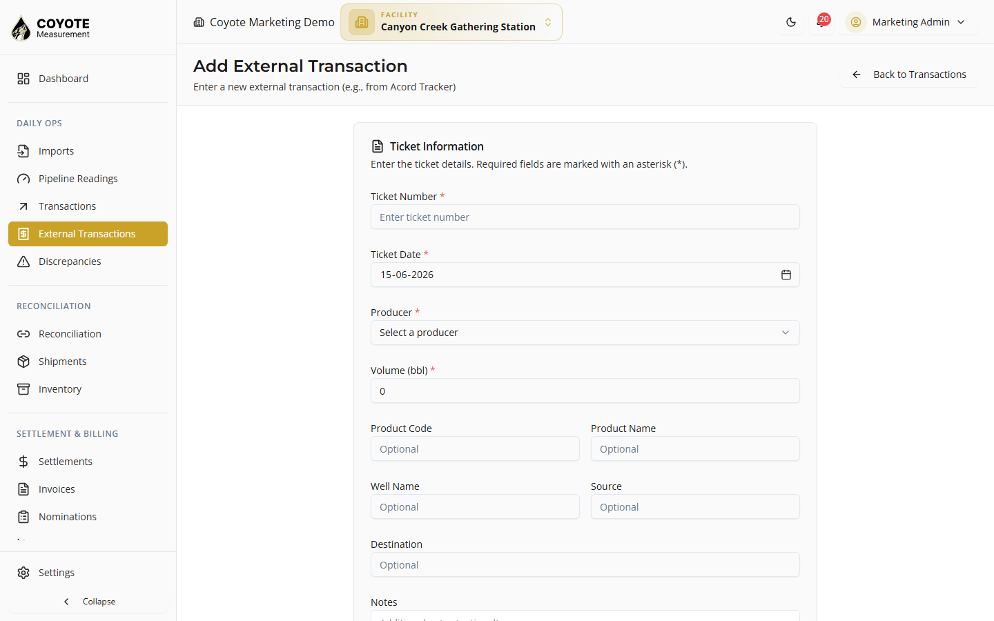 Add External Transaction — ticket information form