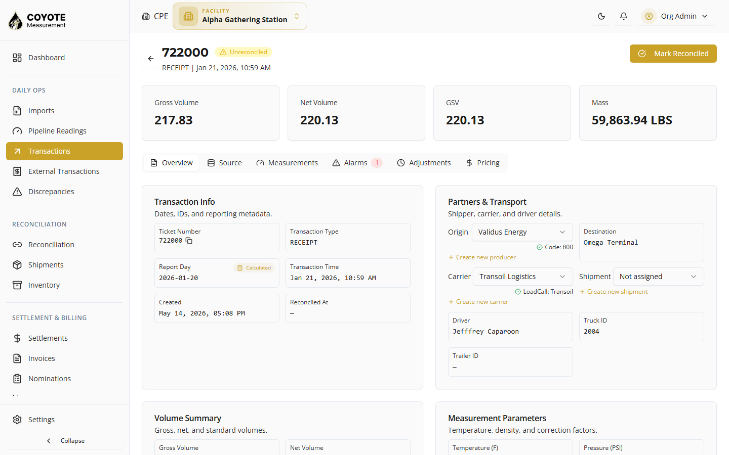Facility transaction detail vs external ticket detail