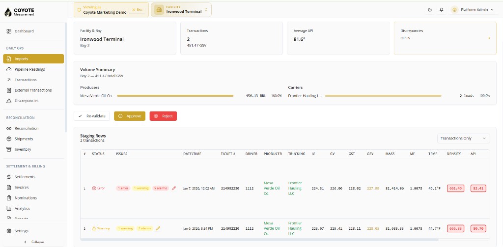 Batch detail — staging rows with errors, warnings, and alarms