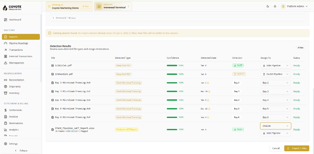 Detection Results — file type, date, direction, and status per file
