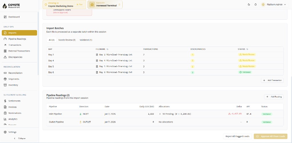 Import Batches and Pipeline Readings on the session page