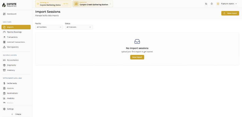 Import Sessions list — click New Import to start