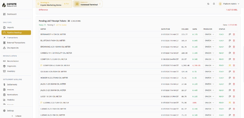 Pending LACT receipt tickets — assign producer and review variance