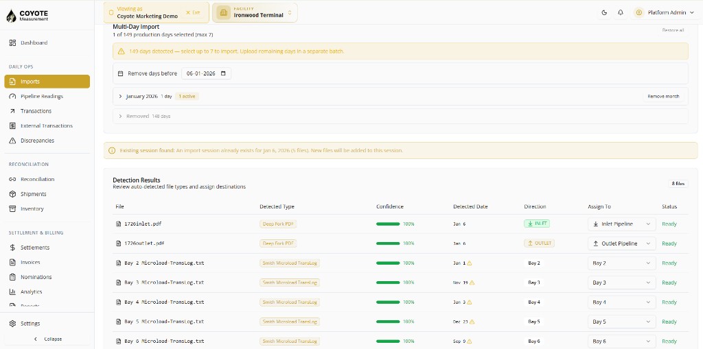 Multi-Day Import — select production days and trim the date range