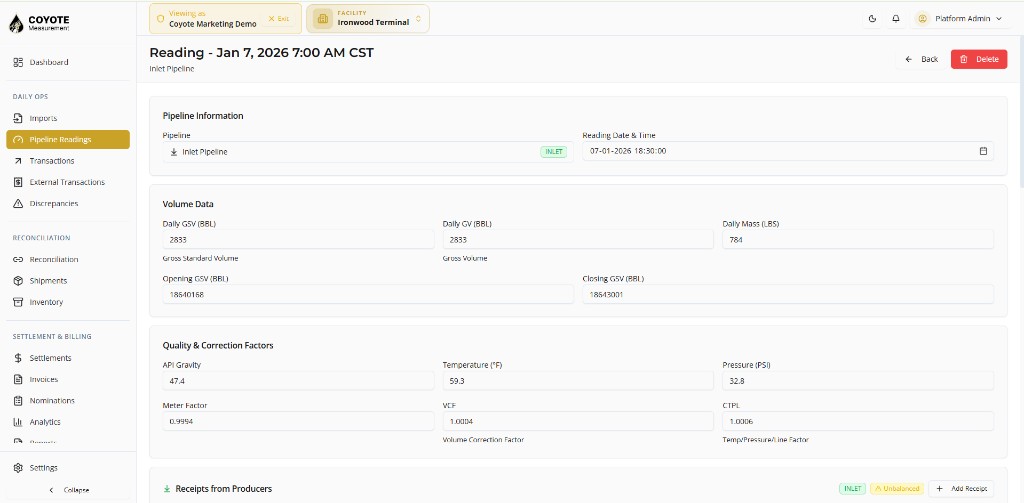 Pipeline reading detail — volume, quality, and receipt allocations