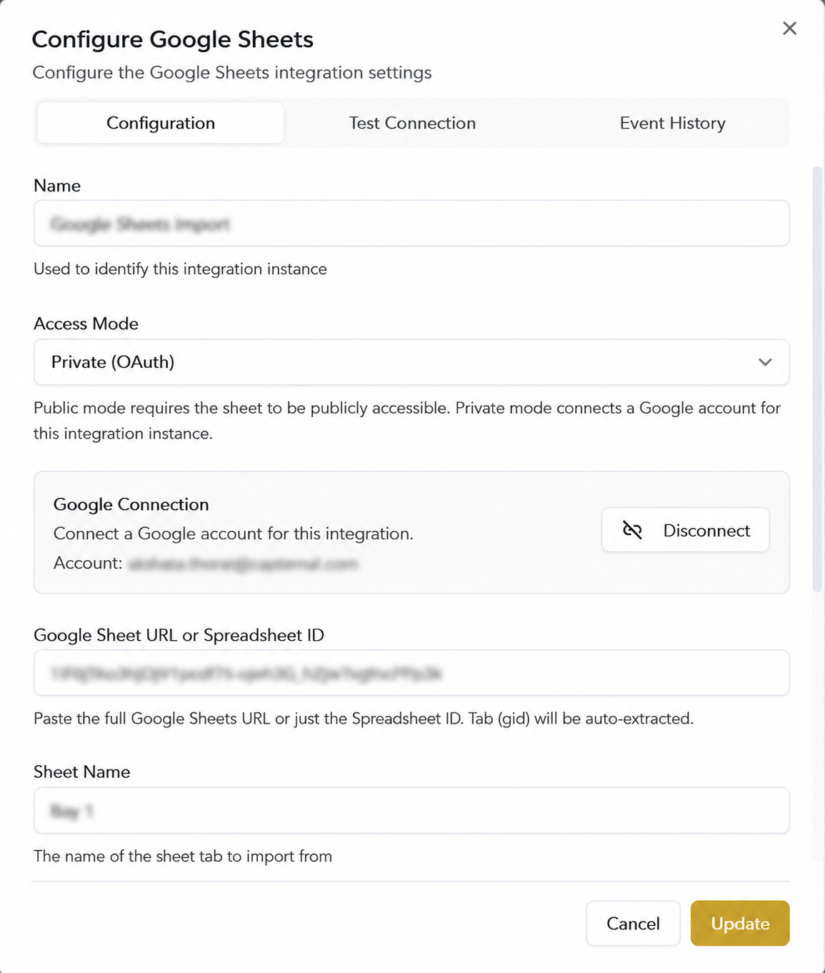 Configuration tab — private mode with Google Connection