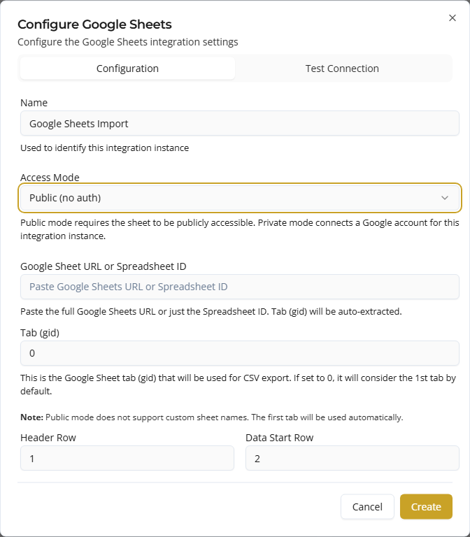 Configuration tab — public mode with tab (gid) field