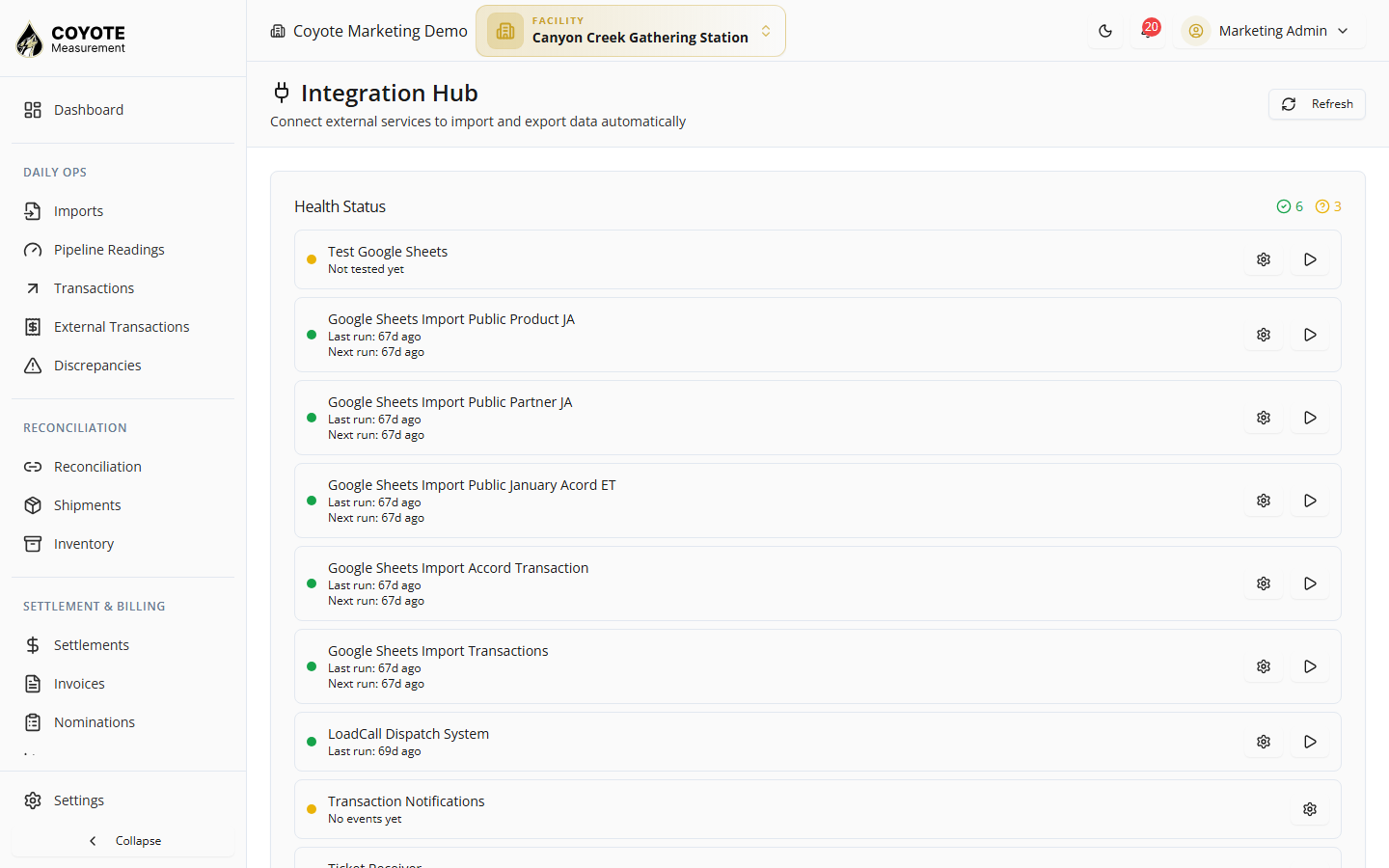 Integration Hub — Installed integrations and health status