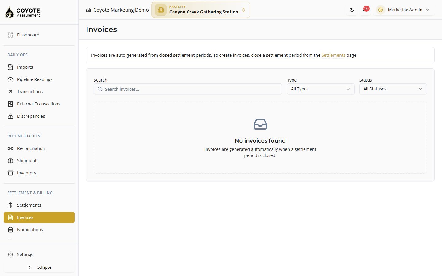 Invoices list — filter by Customer Invoice or Carrier Settlement
