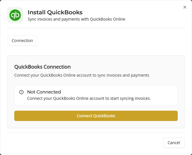QuickBooks Connection tab — Connect, Refresh, and Run Connection Test