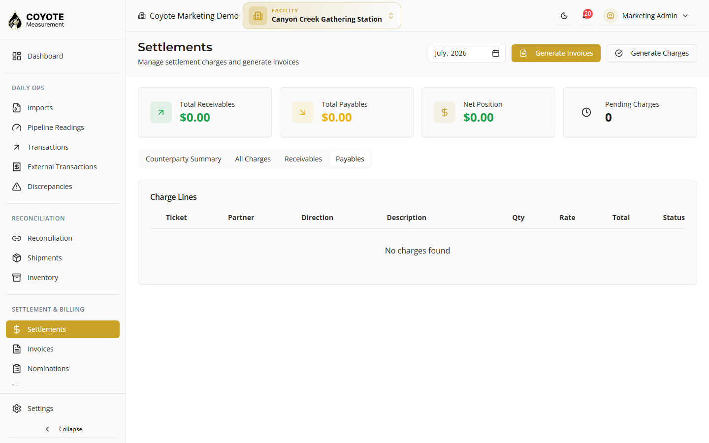 Settlements Payables tab — review and approve carrier charges